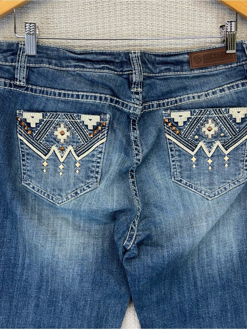 Rock & Roll Cowgirl Riding Jeans Women 30/34 Mid Rise Bootcut Stitching Western - Picture 6 of 9